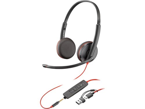 HP Poly Blackwire 3225 Stereo USB-C Wired Headset with 3.5mm Plug and USB-C to USB-A Adapter