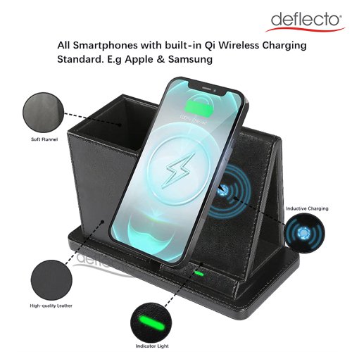 Deflecto Wireless Charging Desk Organiser/Pen Holder Black - WC103DEBLK 30204DF Buy online at Office 5Star or contact us Tel 01594 810081 for assistance
