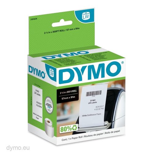 BR06367 Dymo Labelwriter Receipt Paper Roll 57mmx91m Black on White 2191636