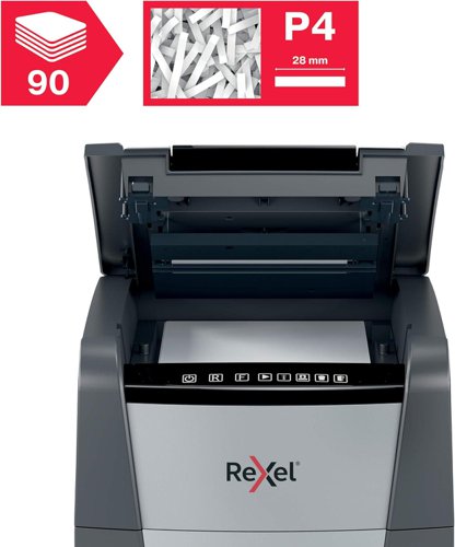 The Optimum AutoFeed+ 90X cross-cut shredder automatically shreds up to 90x A4 sheets of paper (80gsm) at a time, into P-4 (4x28mm) cross-cut pieces. This auto-feed shredder machine is a sophisticated office shredder, featuring a 34L pull-out bin. There is no need to manually feed paper, or remove staples and paper clips first, this automatic paper shredder will do all the work for you.Conforms to DIN level P-4* Using 80gsm weight paper