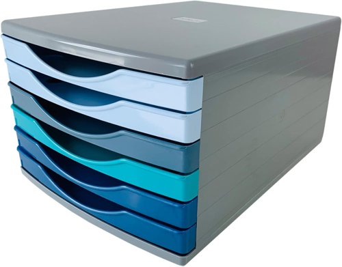 26403DF - Deflecto Cool Breeze A4 Desktop Drawer Organiser 6 Drawers - 6 x 30mm Drawer Tower Unit Deep Blue and Aqua - CP146YTCB