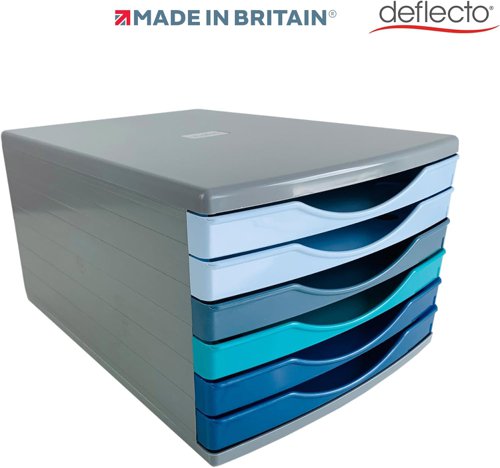 Deflecto Cool Breeze A4 Desktop Drawer Organiser 6 Drawers - 6 x 30mm Drawer Tower Unit Deep Blue and Aqua - CP146YTCB 26403DF Buy online at Office 5Star or contact us Tel 01594 810081 for assistance