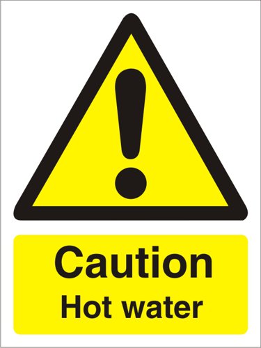 Warning Hazard Sign - Caution Hot Water.Provides goods visibility and communication of important information within the work place.Ensures compliance with health and safety requirements.Durable for long lasting use.