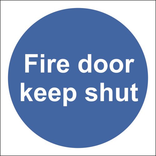 Mandatory Safety Sign ''Fire door keep shut''. Blue circular sign with white text.Provides goods visibility and communication of important information within the work place.Ensures compliance with health and safety requirements.Durable for long lasting use.