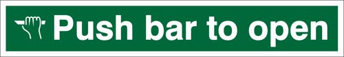 Safe Procedure Fire Exit Sign - Push Bar To Open.Provides goods visibility and communication of important information within the work place.Ensures compliance with health and safety requirements.Durable for long lasting use.