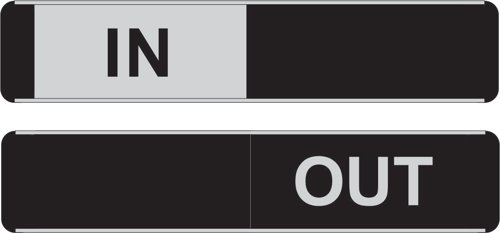 29189SS | Aluminium and PVC sliding door sign.Dual message sign, ''In/Out'', used for informing people if they may enter a room or not. The slider hides/reveals the required message.  Provides goods visibility and communication of important information within the work place.Ensures compliance with health and safety requirements.Durable for long lasting use.