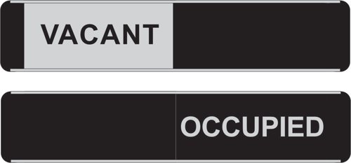Aluminium and PVC sliding door sign.Dual message sign, ''Vacant/Occupied'', used for informing people if they may enter a room or not. The slider hides/reveals the required message.  Provides goods visibility and communication of important information within the work place.Ensures compliance with health and safety requirements.Durable for long lasting use.