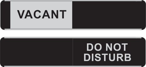 Aluminium and PVC sliding door sign.Dual message sign, ''Vacant/Do Not Disturb'', used for informing people if they may enter a room or not. The slider hides/reveals the required message.  Provides goods visibility and communication of important information within the work place.Ensures compliance with health and safety requirements.Durable for long lasting use.