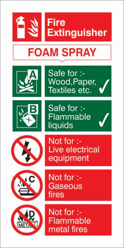 28853SS | Foam Extinguisher Safety Sign.Provides goods visibility and communication of important information within the work place.Ensures compliance with health and safety requirements.Durable for long lasting use.