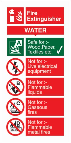 28804SS | Water Extinguisher Safety Sign.Provides goods visibility and communication of important information within the work place.Ensures compliance with health and safety requirements.Durable for long lasting use.