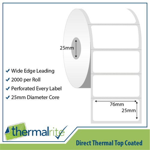 Thermalrite Direct Thermal Labels 76x25mm 25mm core (Pack 20 Rolls of 2000 Lables per Roll) - RL76.25DT-25
