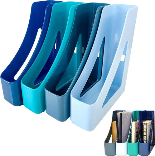 Deflecto's Cool Breeze Magazine File Holders (Set of 4) perfectly organises your desk or home office in style. These stylish Magazine holders are lightweight and durable. The deep blues and soft aqua tones create a modern and attractive working space that is bang on trend!Perfect for home or office use. Suitable for organising and storing documents, magazines or catalogues, creating a tidy and stylish workspace, each Magazine File measures 80 x 310 x 245 mm (WxHxD).The Deflecto Cool Breeze Pack of 4 Magazine files are compatible with paper sizes up to A4. Maximise your desk space while staying organised and clutter free. Store away all your documents, stationery and catalogues without worrying about clutter!