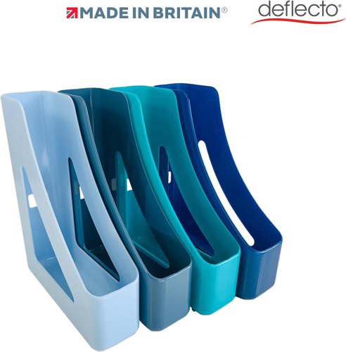26396DF | Deflecto's Cool Breeze Magazine File Holders (Set of 4) perfectly organises your desk or home office in style. These stylish Magazine holders are lightweight and durable. The deep blues and soft aqua tones create a modern and attractive working space that is bang on trend!Perfect for home or office use. Suitable for organising and storing documents, magazines or catalogues, creating a tidy and stylish workspace, each Magazine File measures 80 x 310 x 245 mm (WxHxD).The Deflecto Cool Breeze Pack of 4 Magazine files are compatible with paper sizes up to A4. Maximise your desk space while staying organised and clutter free. Store away all your documents, stationery and catalogues without worrying about clutter!