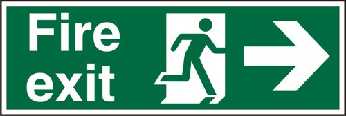 Safe Procedure Fire Exit Sign - Man Running Right and  Arrow Pointing Right.Provides goods visibility and communication of important information within the work place.Ensures compliance with health and safety requirements.Durable for long lasting use.