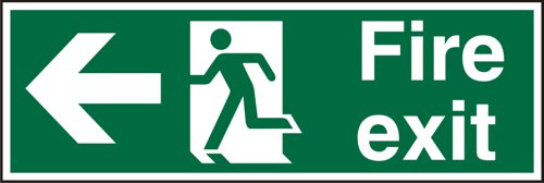 Photoluminescent Safe Procedure Fire Exit Sign - Man Running Left and  Arrow Pointing Left.Our photoluminescent signs stay illuminated for over 6 hours and comply to British Standards.Provides goods visibility and communication of important information within the work place.Ensures compliance with health and safety requirements.Durable for long lasting use.