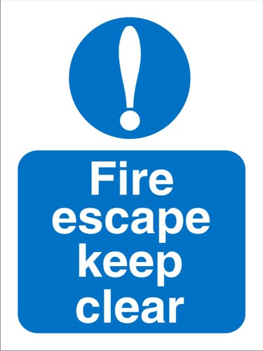 Blue and white mandatory Safety Sign ''Fire escape keep clear''. Provides goods visibility and communication of important information within the work place.Ensures compliance with health and safety requirements.Durable for long lasting use.