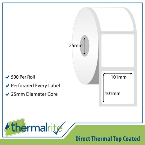Thermalrite Direct Thermal Labels101x101mm 25mm core (Pack 20 Rolls of 500 Labels per Roll) - RL101.101DT-25