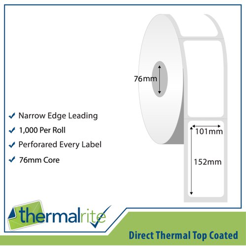 Thermalrite Direct Thermal Labels 101x152mm 76mm core (Pack 10 Rolls of 1000 Labels per Roll) - RL101.152DT-76-1000