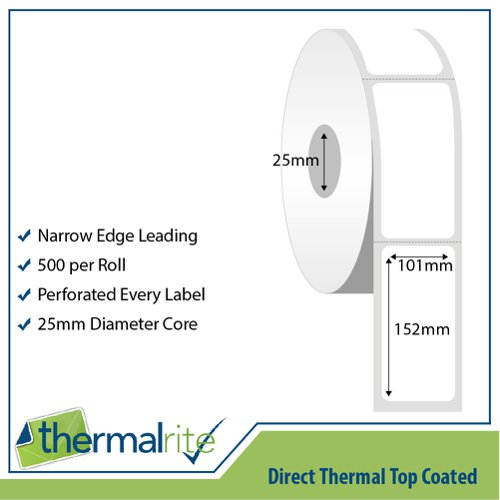 Thermalrite Direct Thermal Labels 101x152mm 25mm core (Pack 20 Rolls of 500 Labels per Roll) - RL101.152DT-25