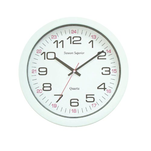 Seco 24 hour, Quartz wall clock with white clock face and casing. The clock face features numerals 1-12 in black and 13-24 in red.  255mm diameter. 