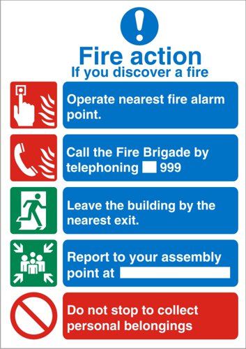 28762SS | Fire Action Safety Sign.Provides goods visibility and communication of important information within the work place.Ensures compliance with health and safety requirements.Durable for long lasting use.
