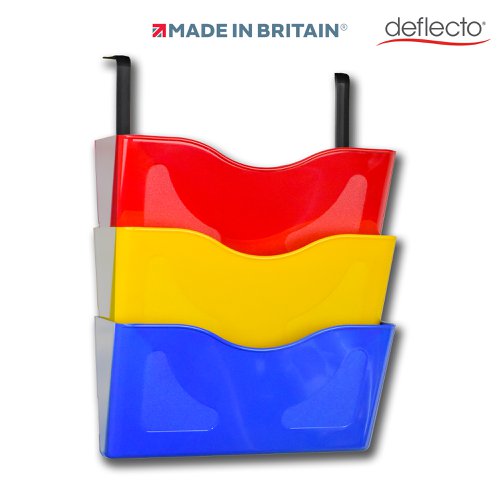Deflecto 3 x A4 Landscape Wall Pocket Literature File with Hanging Bracket Red/Yellow/Blue - CP077YTRYB
