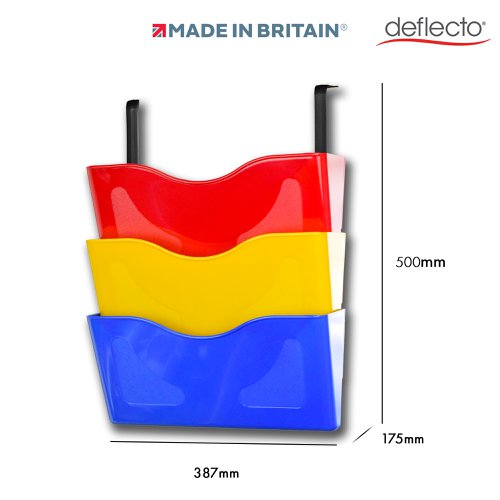 Deflecto 3 x A4 Landscape Wall Pocket Literature File with Hanging Bracket Red/Yellow/Blue - CP077YTRYB