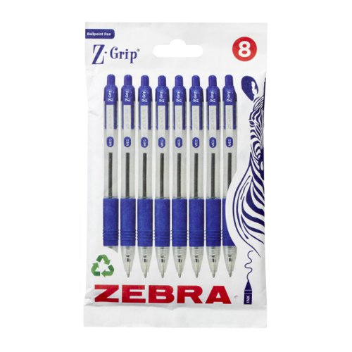 Zebra Z-Grip Retractacble Ballpoint Pen 1mm Tip Blue (Pack 8) - 02772