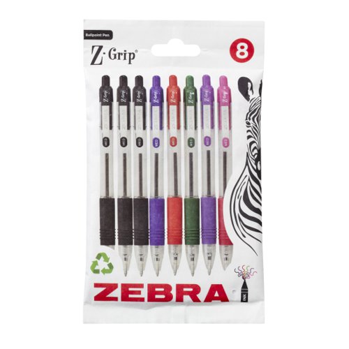 Zebra Z-Grip Retractable Ballpoint Pen 1mm Tip Assorted Ink (Pack 8) - 02773 46213ZB Buy online at Office 5Star or contact us Tel 01594 810081 for assistance