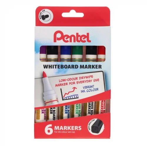 Pentel Everyday Whiteboard Marker 6-piece Cardboard Wallet Assorted Colours (Pack 6) - YMW85/6-M