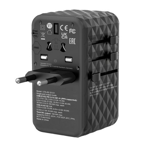 This Verbatim World-to-World adapter is a universal travel adapter with GaN III technology. Plug formats: EU, UK, USA/Japan and Australia; suitable for more than 180 countries. Can charge up to 5 devices simultaneously. 2 x USB-C Power Delivery 3.0 (PPS support) and Quick Charge 4+ output: up to 100W each and 2 x USB-A Quick Charge 3.0 output: up to 18W. Casing is made from flame resistant polycarbonate material. Safety shutter for child protection. Features a status LED indicator. Fuse: 10A (BS1362 compliant). Includes a travel pouch. Accepts plug types: A, B, C, E, F, G, I, J, L, N. For indoor use only. Includes a travel pouch.