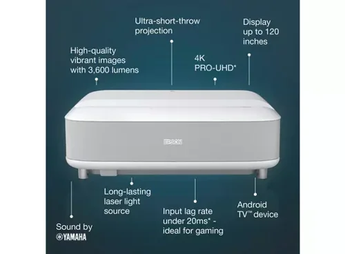 Feel immersed in everything you watch or play with this stylish and affordable 4K PRO-UHD1 projector which can produce up to a 120'' image placed close to the wall. Bringing the screen to life, 3LCD technology achieves a display that is up to three times brighter than competitor products. Ideal for gaming, with under 20ms lag time.Android TV offers thousands of movies, shows and games from Google Play, Amazon Prime Video, YouTube and other favourite apps. Built in speakers with sound by YAMAHA produce a stunning dynamic audio and 3D surround sound, which can be used with and without visual display. Simply select the visual display to mute, or you can connect via Bluetooth to use as a standalone speaker to play your favourite music.With a high brightness of 3,600 lumens and contrast ratio of 2,500,000:1, this 4K PRO-UHD1, HDR10 projector delivers lifelike content and defined shadow detail. Epson's 3LCD technology means its projectors have up to three times brighter colours, than comparable 1-chip DLP projectors. Our Epson Setting Assistant app, makes life even easier to set up your new projector, as you can align the image automatically, with just a click of a button.