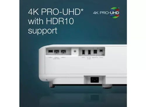 Feel immersed in everything you watch or play with this stylish and affordable 4K PRO-UHD1 projector which can produce up to a 120'' image placed close to the wall. Bringing the screen to life, 3LCD technology achieves a display that is up to three times brighter than competitor products. Ideal for gaming, with under 20ms lag time.Android TV offers thousands of movies, shows and games from Google Play, Amazon Prime Video, YouTube and other favourite apps. Built in speakers with sound by YAMAHA produce a stunning dynamic audio and 3D surround sound, which can be used with and without visual display. Simply select the visual display to mute, or you can connect via Bluetooth to use as a standalone speaker to play your favourite music.With a high brightness of 3,600 lumens and contrast ratio of 2,500,000:1, this 4K PRO-UHD1, HDR10 projector delivers lifelike content and defined shadow detail. Epson's 3LCD technology means its projectors have up to three times brighter colours, than comparable 1-chip DLP projectors. Our Epson Setting Assistant app, makes life even easier to set up your new projector, as you can align the image automatically, with just a click of a button.