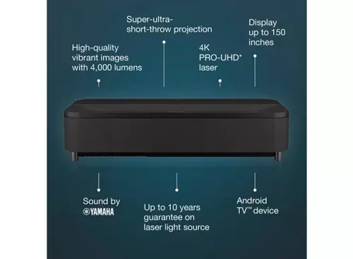 Feel immersed in everything you watch or play with this stylish and affordable 4K PRO-UHD1 projector which can produce up to a 150'' image placed close to the wall. Bringing the screen to life, 3LCD technology achieves a display that is up to three times brighter than competitor products. Ideal for gaming, with under 20ms lag time.Android TV offers thousands of movies, shows and games from Google Play, Amazon Prime Video, YouTube and other favourite apps. Built in speakers with sound by YAMAHA produce a stunning dynamic audio and 3D surround sound, which can be used with and without visual display. Simply select the visual display to mute, or you can connect via Bluetooth to use as a standalone speaker to play your favourite music.With a high brightness of 4,000 lumens and contrast ratio of 2,500,000:1, this 4K PRO-UHD1, HDR10 projector delivers lifelike content and defined shadow detail. Epson's 3LCD technology means its projectors have up to three times brighter colours, than comparable 1-chip DLP projectors. Our Epson Setting Assistant app, makes life even easier to set up your new projector, as you can align the image automatically, with just a click of a button.