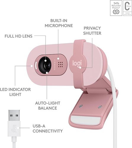 Logitech Brio 100 30 FPS 2MP 1920 x 1080 Pixels Full HD USB Wired Rose Pink Webcam 8LO960001623 Buy online at Office 5Star or contact us Tel 01594 810081 for assistance