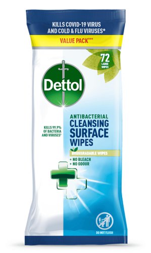 Dettol Antibacterial Biodegradable Cleansing Surface Wipes (Pack 72) - 3151478  29833RB