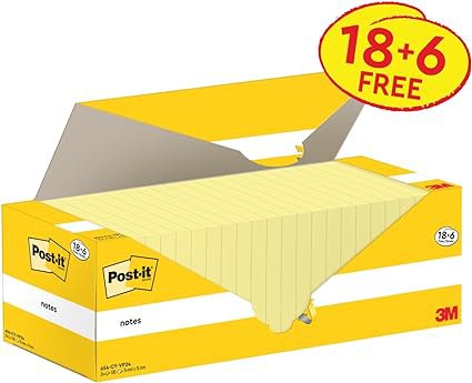 Post-it Notes 76x76mm Canary Yellow Promo Pack 100 Sheets per Pad (Pack 18 + 6 Free) - 7100319213  28587MM