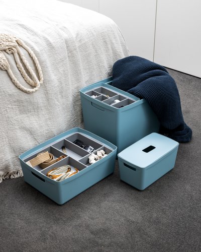 24429HL - Inabox Designer Storage Boxes With Lids and Trays Large Value Pack (2 x 8L & 1 x 19L & 1 x 39L & 1 x Small & 1 x Large Tray) Cottage Blue - H-I60650
