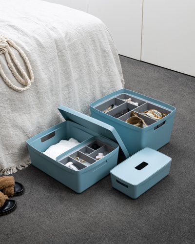 Inabox Designer Storage Boxes With Lids and Trays Small Value Pack (2 x 5L & 1 x 19L & 1 x 28L & 1 x Small & 1 x Large Tray) Cottage Blue - H-I60649