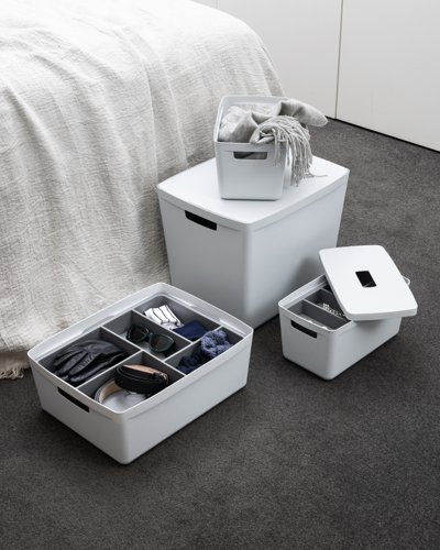 Inabox Designer Storage Boxes With Lids and Trays Large Value Pack (2 x 8L & 1 x 19L & 1 x 39L & 1 x Small & 1 x Large Tray) Windmill White - H-I60648 24415HL Buy online at Office 5Star or contact us Tel 01594 810081 for assistance