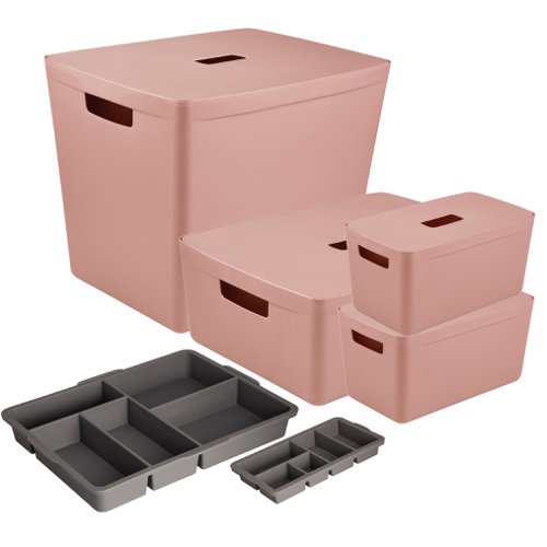 Inabox Designer Storage Boxes With Lids and Trays Large Value Pack (2 x 8L & 1 x 19L & 1 x 39L & 1 x Small & 1 x Large Tray) Desert Clay - H-I60664 24401HL