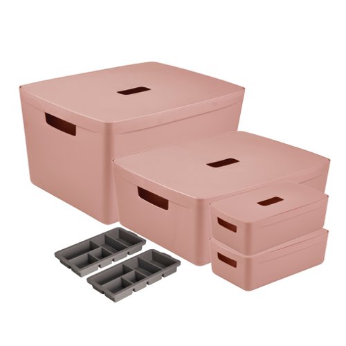 24394HL - Inabox Designer Storage Boxes With Lids and Trays Small Value Pack (2 x 5L & 1 x 19L & 1 x 28L & 1 x Small & 1 x Large Tray) Desert Clay - H-I60663