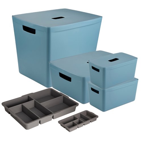 Inabox Designer Storage Boxes With Lids and Trays Large Value Pack (2 x 8L & 1 x 19L & 1 x 39L & 1 x Small & 1 x Large Tray) Cactus Blue - H-I60662 24387HL