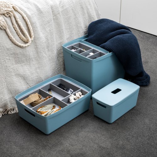 Inabox Designer Storage Boxes With Lids and Trays Large Value Pack (2 x 8L & 1 x 19L & 1 x 39L & 1 x Small & 1 x Large Tray) Cactus Blue - H-I60662