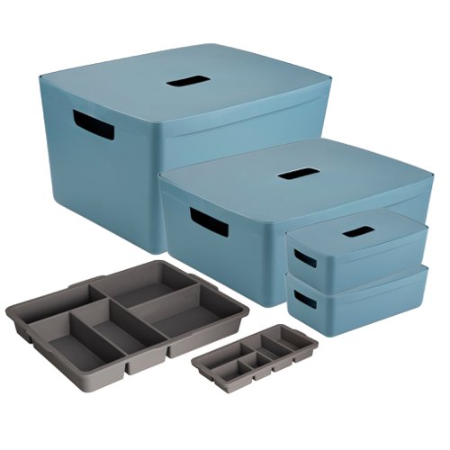 Inabox Designer Storage Boxes With Lids and Trays Small Value Pack (2 x 5L & 1 x 19L & 1 x 28L & 1 x Small & 1 x Large Tray) Cactus Blue - H-I60661  24380HL