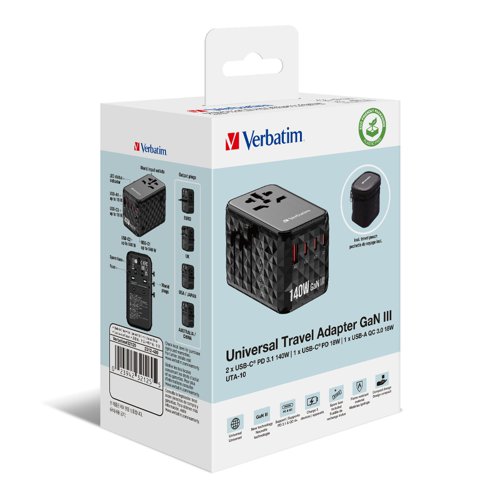 VER32125 | The Verbatim GaN III Universal Travel Adapter can be used in more than 180 countries – take it everywhere with you and never be out of power. This world-to-world multi plug will allow you to connect to any local power supply around the world and recharge your power-hungry devices, like laptops, smartphones, Bluetooth speakers, tablets, power banks, and more. Just push the sliders on the side of the multi plug to reveal the three most common international plugs - EU, UK, and US - and rotate the pins for sockets in Australia or China.The Verbatim Travel Adapter uses latest GaN technology, a semiconductor material that can efficiently handle high voltage and high-frequency applications. It enables devices to be smaller, lighter, and more efficient compared to products using traditional silicon-based components.The compact and powerful Verbatim GaN III Universal Travel Adapter allows five devices to be charged simultaneously through the AC power socket and the two USB-C and two USB-A ports. The two USB-C ports support Power Delivery 3.0 (with PPS support) and Quick Charge 4+ output, up to 100W each, and the two USB-A ports support Quick Charge 3.0 output, up to 18W.Housed in an attractive black 3D design, the Universal Adapter is made with high quality fireproof polycarbonate material and is certified by CE, UKCA, FCC and ROHS. It has safety shutters for child protection that can only be opened with force of more than 75N (7.5Kg) per hole, and its BS1362 compliant fuse (including a spare) gives you 100% peace of mind wherever you may go.