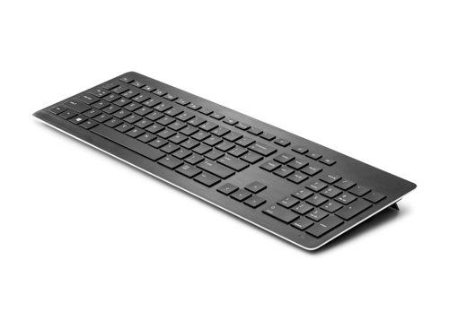 Z9N41AA#ABB | Boost your productivity and work comfortably at your desk or across the room with the elegant, redesigned, anodized aluminium-trimmed HP Wireless Premium Keyboard.Optimize productivity with a space-saving slim profile and ultra-quiet, low-profile scissor keys that foster focus, easy travel, and accurate typing. Get comfortable with adjustable slope, and breathe easy with a keyboard that resists minor spills.Work up to 30 ft (10 m) away from your PC with the Link-5 USB nano-receiver that also becomes a wireless hub for up to four additional Link-5 accessories so you can conserve USB ports on your PC.Conserve power with an On/Off switch and avoid surprises with a convenient LED that alerts you when the battery is low. Charge up while you work by plugging the keyboard’s micro-USB cable into any USB port on your PC.Get the reassurance of a one-year limited warranty.