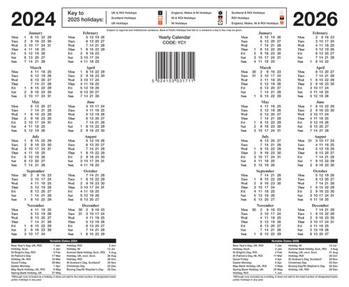 29721SY | This practical year to view calendar allows you to see 12 months at a glance for quick reference. The handy design can be either wall mounted, or desk mounted using the fold out strut, and also features calendar week numbers, and previous and forward year calendars on the reverse for easy reference.