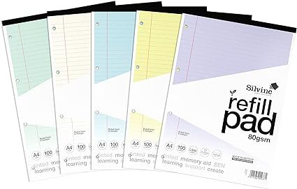 Silvine SEN Refill Pad A4 With Tinted Coloured Papers 100 Page In 5 Assorted Colours Ruled With Margin 4 Hole Punched (Pack 5) - A4RPTINAC