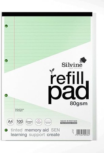 Silvine SEN Refill Pad A4 With Tinted Coloured Papers 100 Page Ruled With Margin 4 Hole Punched Green (Pack 6) - A4RPTING